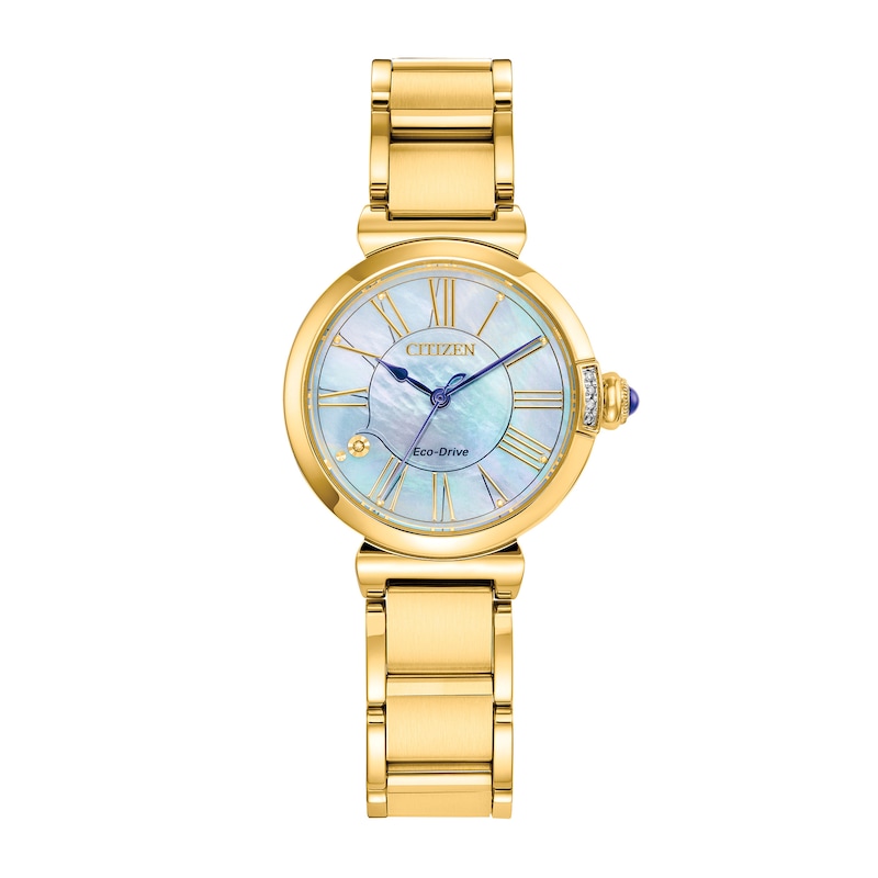 Ladies' Citizen Eco-Drive® L Mae Diamond Accent Gold-Tone Watch with Mother-of-Pearl Dial (Model: EM1062-57D)|Peoples Jewellers