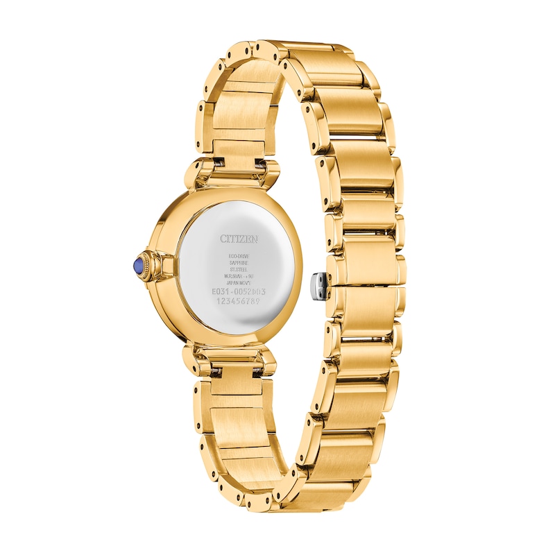 Ladies' Citizen Eco-Drive® L Mae Diamond Accent Gold-Tone Watch with Mother-of-Pearl Dial (Model: EM1062-57D)