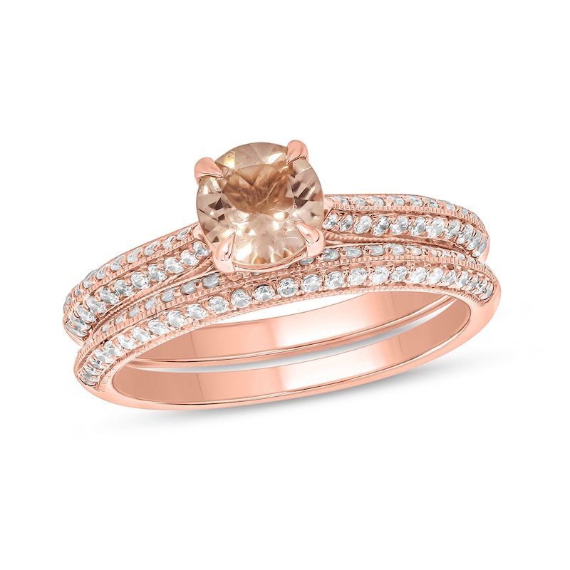 6.0mm Morganite and 0.47 CT. T.W. Diamond Double Row Vintage-Style Bridal Set in 10K Rose Gold