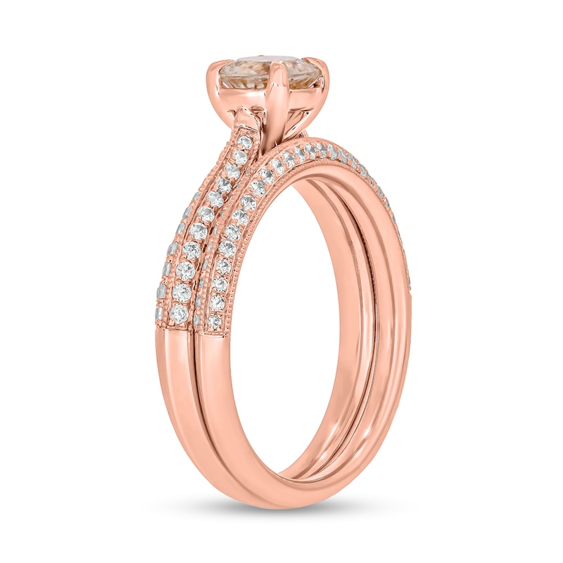 6.0mm Morganite and 0.47 CT. T.W. Diamond Double Row Vintage-Style Bridal Set in 10K Rose Gold