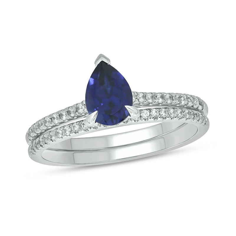 Pear-Shaped Blue Lab-Created Sapphire and 0.29 CT. T.W. Diamond Bridal Set in 10K White Gold