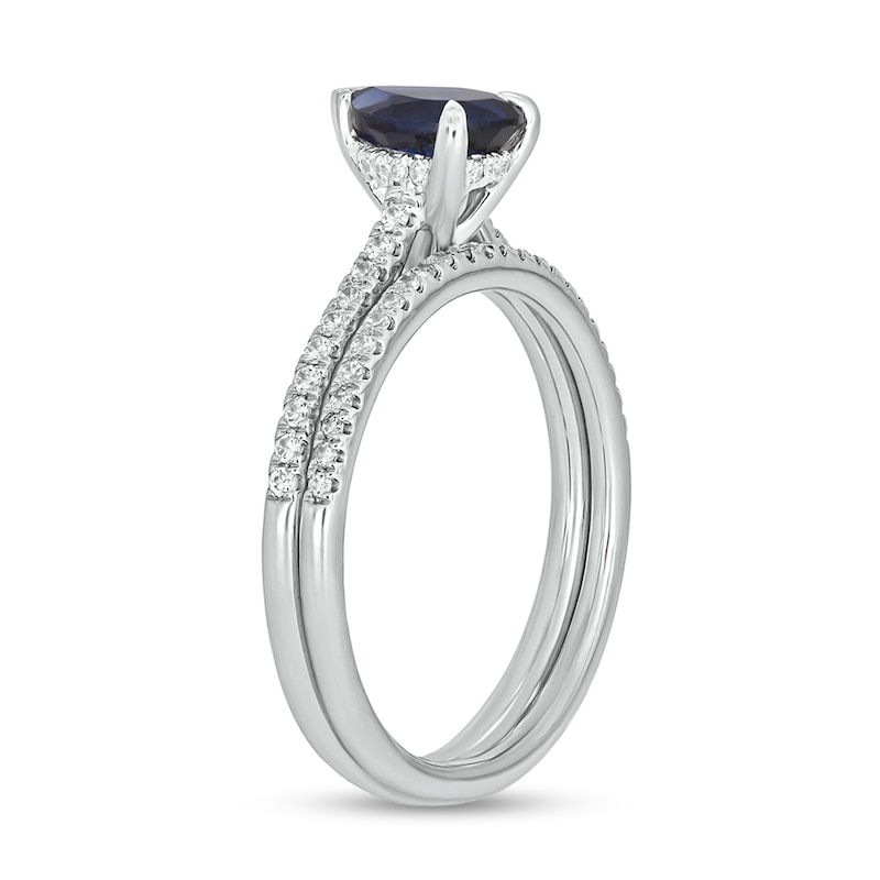 Pear-Shaped Blue Lab-Created Sapphire and 0.29 CT. T.W. Diamond Bridal Set in 10K White Gold