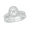 Thumbnail Image 1 of Oval White Lab-Created Sapphire and 0.45 CT. T.W. Diamond Frame Vintage-Style Art Deco Bridal Set in 10K White Gold