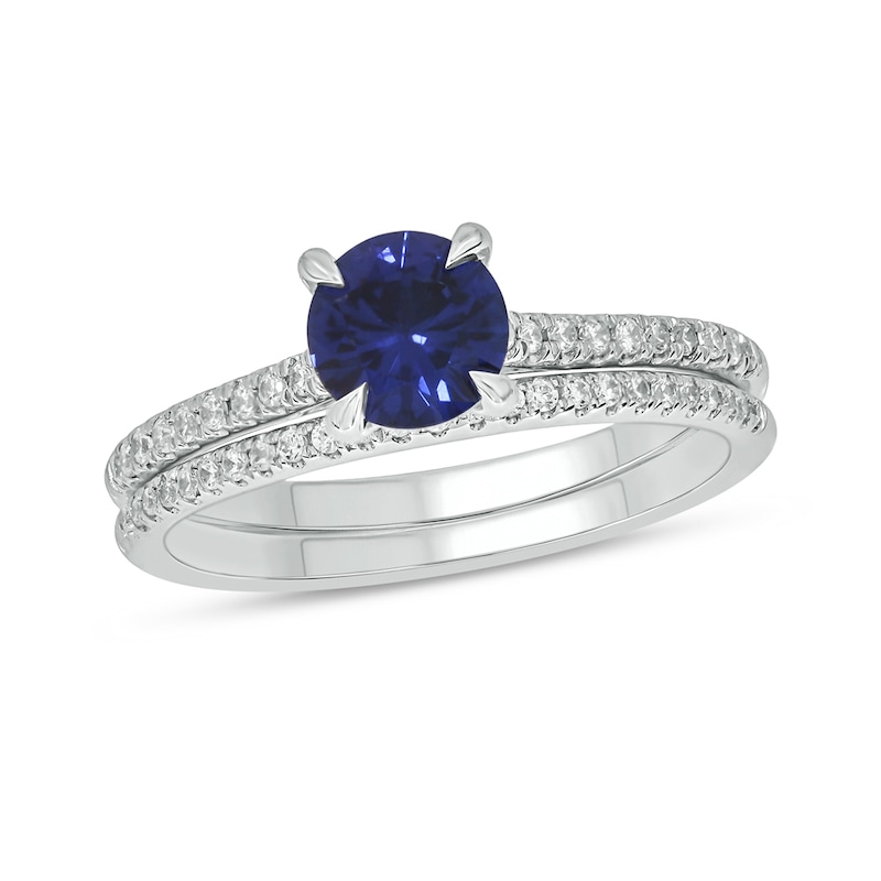 6.0mm Blue Lab-Created Sapphire and 0.29 CT. T.W. Diamond Bridal Set in 10K White Gold