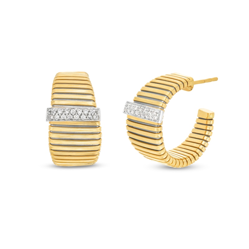 Italian Gold 0.25 CT. T.W. Diamond Ribbed J-Hoop Earrings in 18K Gold|Peoples Jewellers