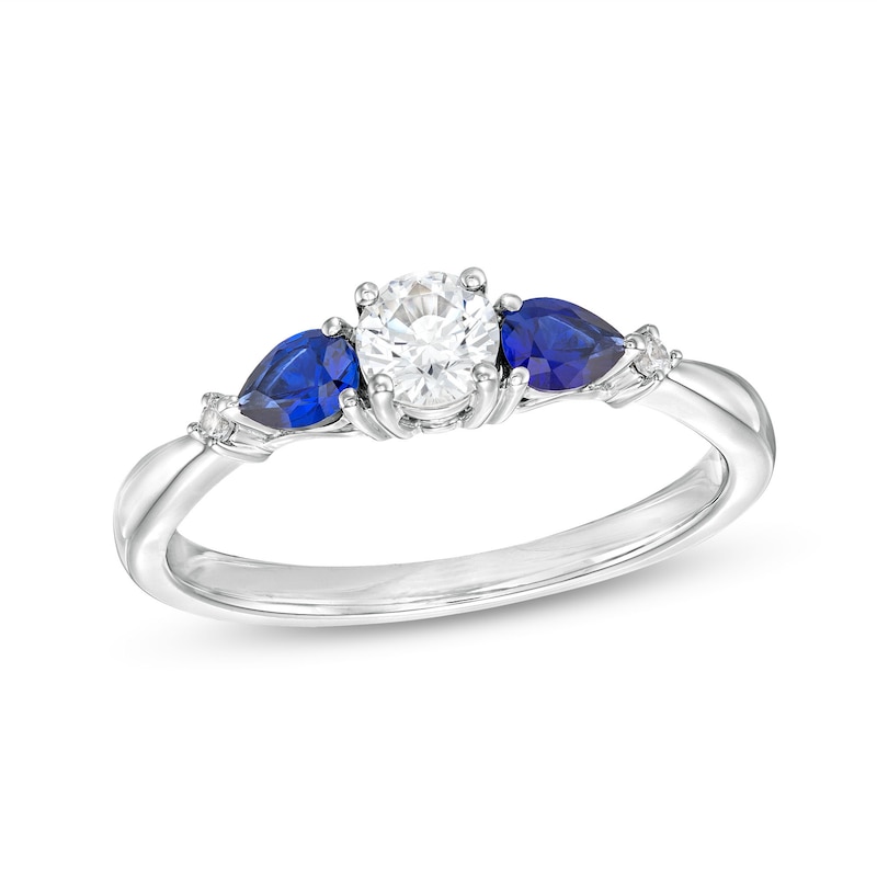 0.33 CT. T.W. Diamond and Pear-Shaped Blue Sapphire Past Present Future® Engagement Ring in 14K White Gold (I/I2)