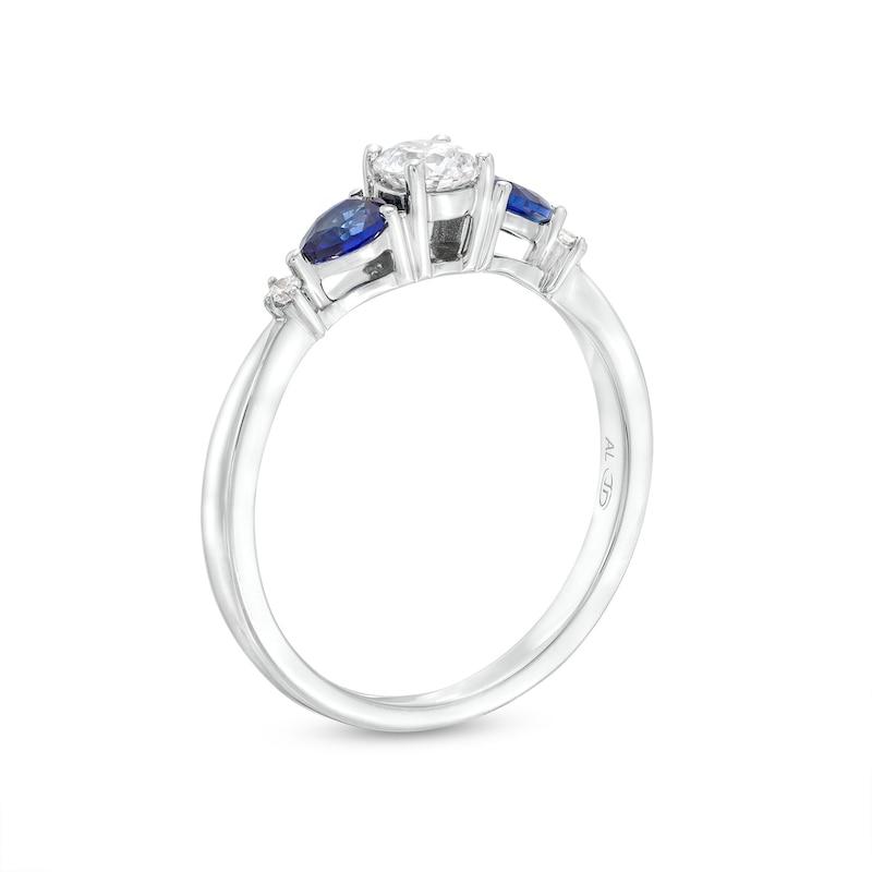 Main Image 2 of 0.33 CT. T.W. Diamond and Pear-Shaped Blue Sapphire Past Present Future® Engagement Ring in 14K White Gold (I/I2)
