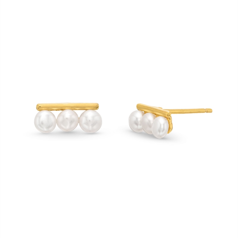 3.0mm Button Cultured Freshwater Pearl Bar Stud Earrings in 10K Gold