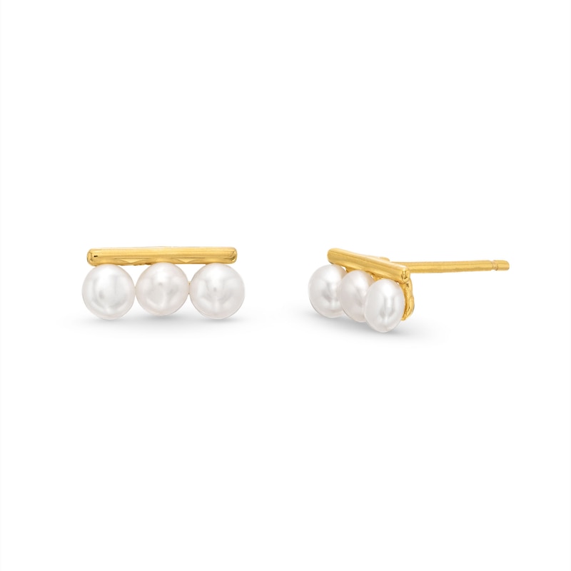 3.0mm Button Cultured Freshwater Pearl Bar Stud Earrings in 10K Gold|Peoples Jewellers