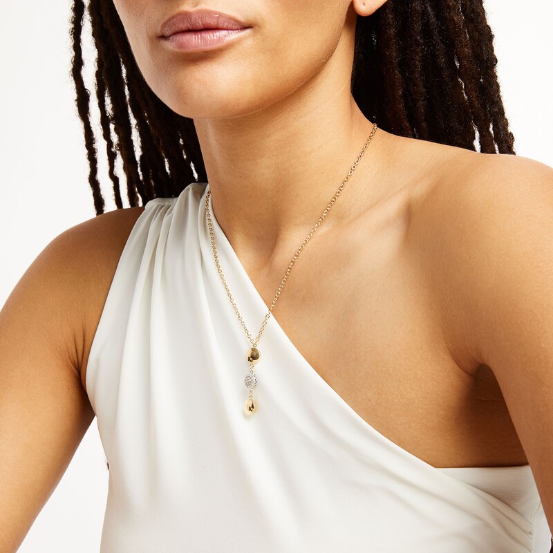 Main Image 2 of 0.20 CT. T.W. Multi-Diamond and Bead Station Dangle Necklace in 18K Two-Tone Gold - 17"