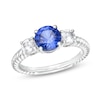 Thumbnail Image 0 of Blue Lab-Created Sapphire and White Lab-Created Sapphire Three Stone Ribbed Shank Ring in Sterling Silver