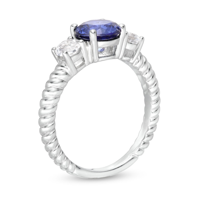 Blue Lab-Created Sapphire and White Lab-Created Sapphire Three Stone Ribbed Shank Ring in Sterling Silver