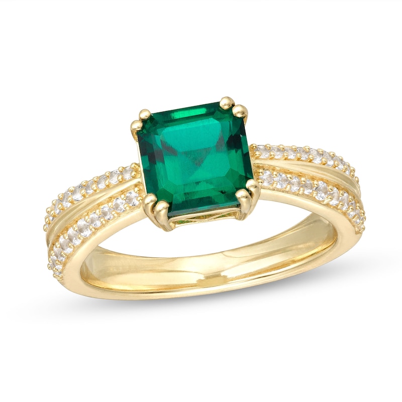 7.0mm Asscher-Cut Lab-Created Emerald and White Lab-Created Sapphire Edge Ring in 10K Gold|Peoples Jewellers