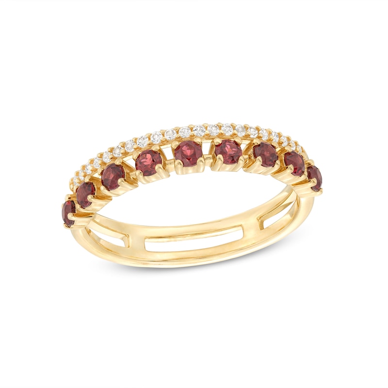 Garnet and White Lab-Created Sapphire Split Double Row Ring in 10K Gold|Peoples Jewellers