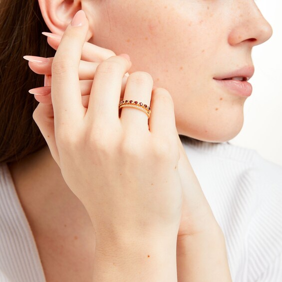 Garnet and White Lab-Created Sapphire Split Double Row Ring in 10K Gold