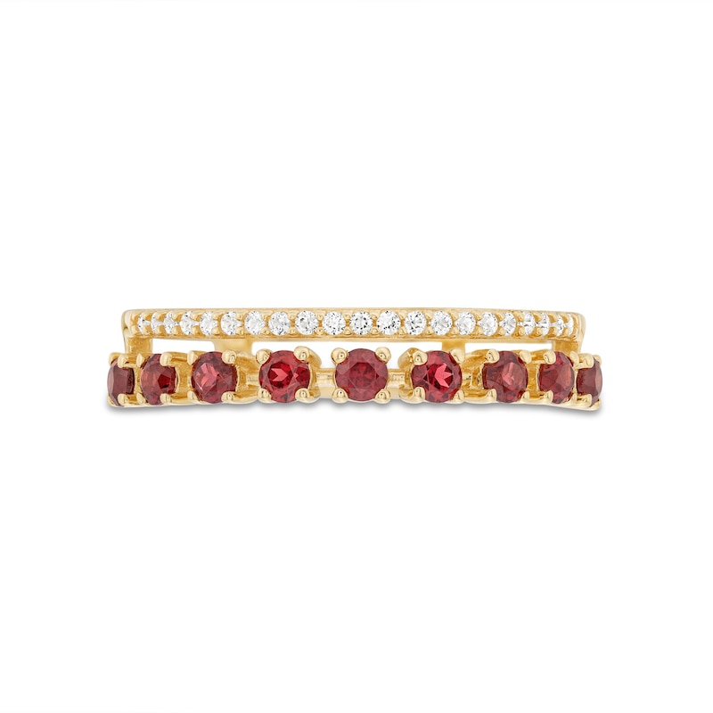 Garnet and White Lab-Created Sapphire Split Double Row Ring in 10K Gold