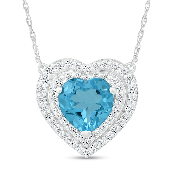 7.0mm Swiss Blue Topaz and White Lab-Created Sapphire Double Frame Heart Pendant in 10K White Gold