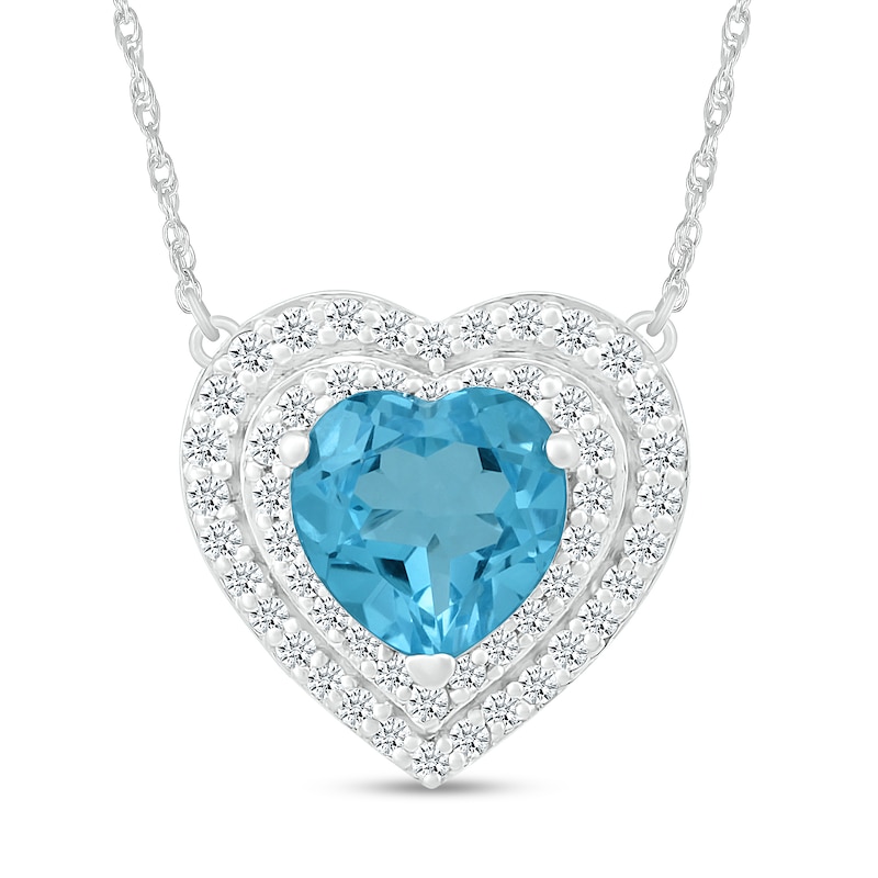 7.0mm Swiss Blue Topaz and White Lab-Created Sapphire Double Frame Heart Pendant in 10K White Gold