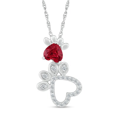 5.0mm Heart-Shaped Lab-Created Ruby and White Lab-Created Sapphire Motherly Love Paw Prints Pendant in Sterling Silver