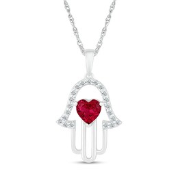 5.0mm Heart-Shaped Lab-Created Ruby and White Lab-Created Sapphire Hamsa Pendant in 10K White Gold