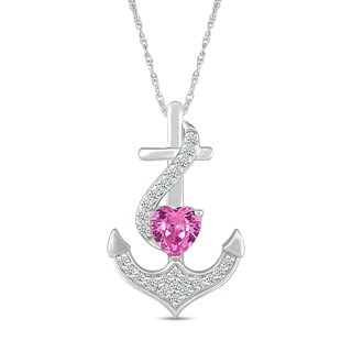5.0mm Heart-Shaped Pink and White Lab-Created Sapphire Ribbon Overlay Anchor Pendant in Sterling Silver