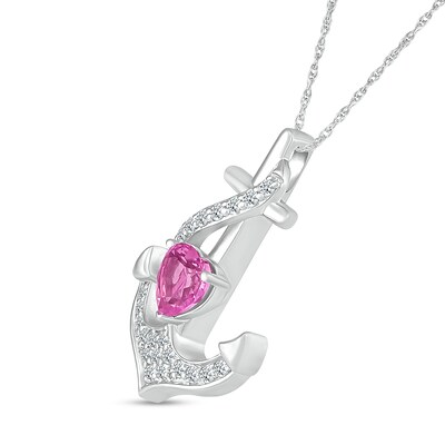 5.0mm Heart-Shaped Pink and White Lab-Created Sapphire Ribbon Overlay Anchor Pendant in Sterling Silver