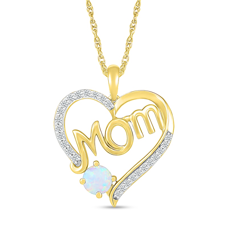 5.0mm Lab-Created Opal and White Lab-Created Sapphire Cursive "Mom" Heart Pendant in Sterling Silver with 14K Gold Plate