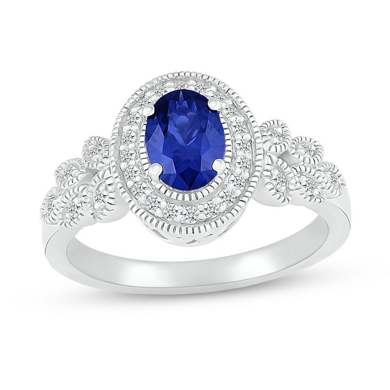 Oval Blue and White Lab-Created Sapphire Frame Leaf-Sides Ring in 10K White Gold