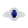 Thumbnail Image 1 of Oval Blue and White Lab-Created Sapphire Frame Leaf-Sides Ring in 10K White Gold