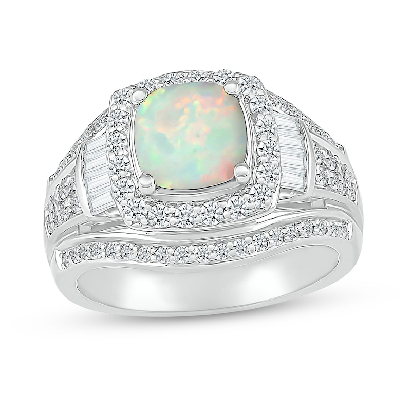 7.0mm Cushion-Cut Lab-Created Opal and White Lab-Created Sapphire Frame Bold Multi-Row Ring in Sterling Silver