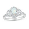 Thumbnail Image 1 of Oval Lab-Created Opal and White Lab-Created Sapphire Contour Frame Leaf-Sides Ring in 10K White Gold