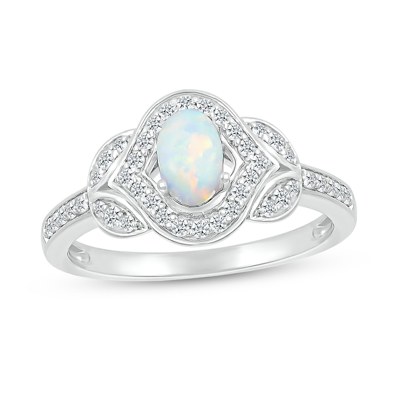 Oval Lab-Created Opal and White Lab-Created Sapphire Contour Frame Leaf-Sides Ring in 10K White Gold|Peoples Jewellers