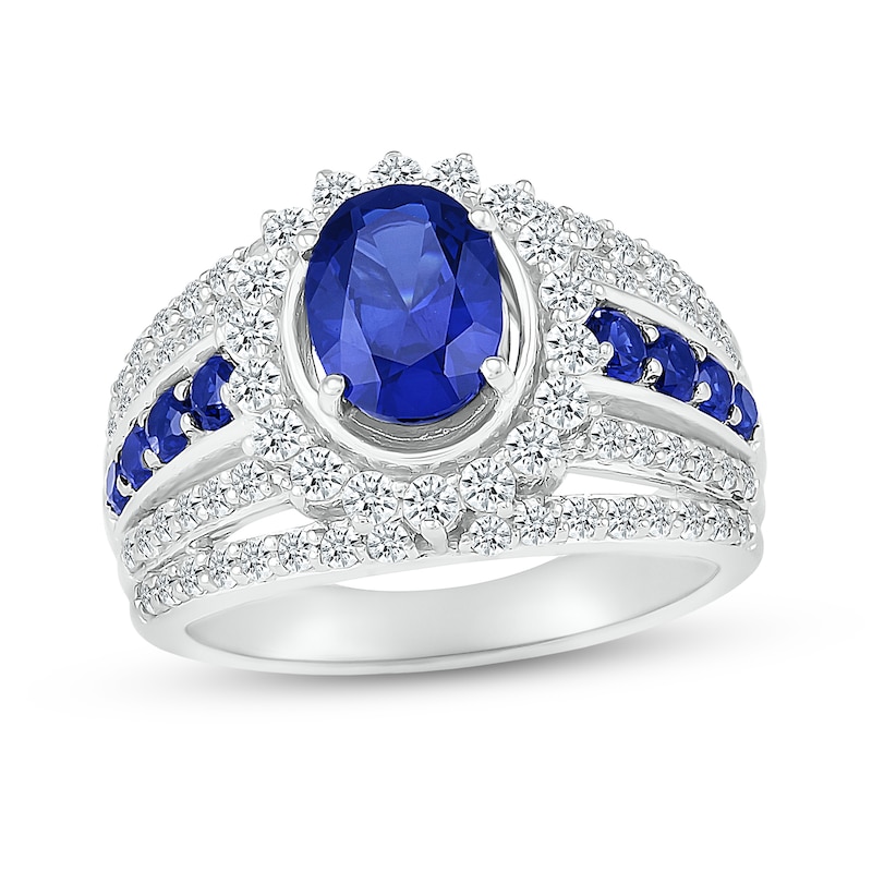 Oval Blue and White Lab-Created Sapphire Shadow Frame Multi-Row Split Shank Ring in Sterling Silver|Peoples Jewellers