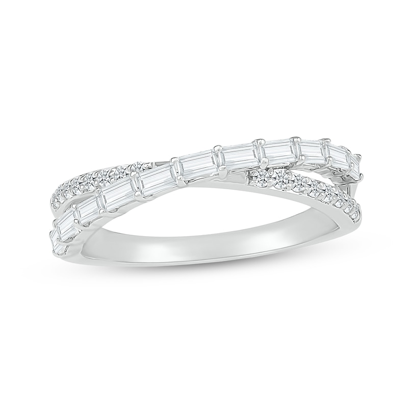 Main Image 1 of Baguette and Round White Lab-Created Sapphire Orbit Ring in 10K White Gold