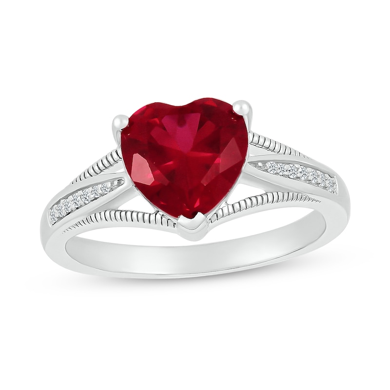 8.0mm Heart-Shaped Lab-Created Ruby and 0.04 CT. T.W. Diamond Tapered Split Shank Ring in 10K White Gold