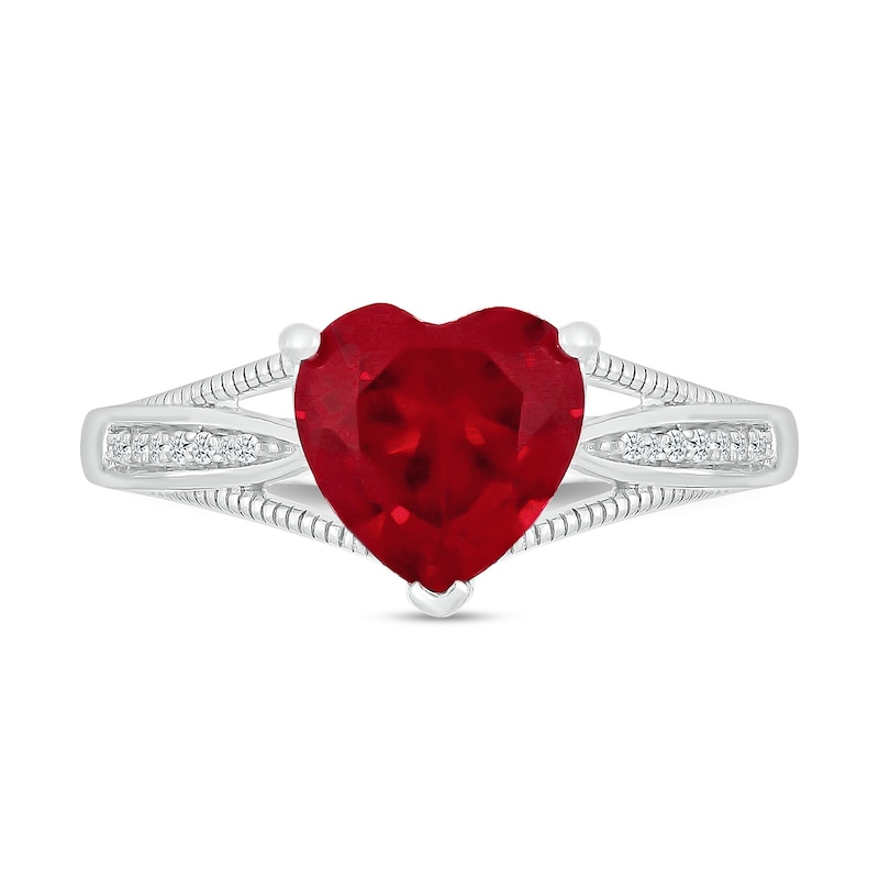 8.0mm Heart-Shaped Lab-Created Ruby and 0.04 CT. T.W. Diamond Tapered Split Shank Ring in 10K White Gold