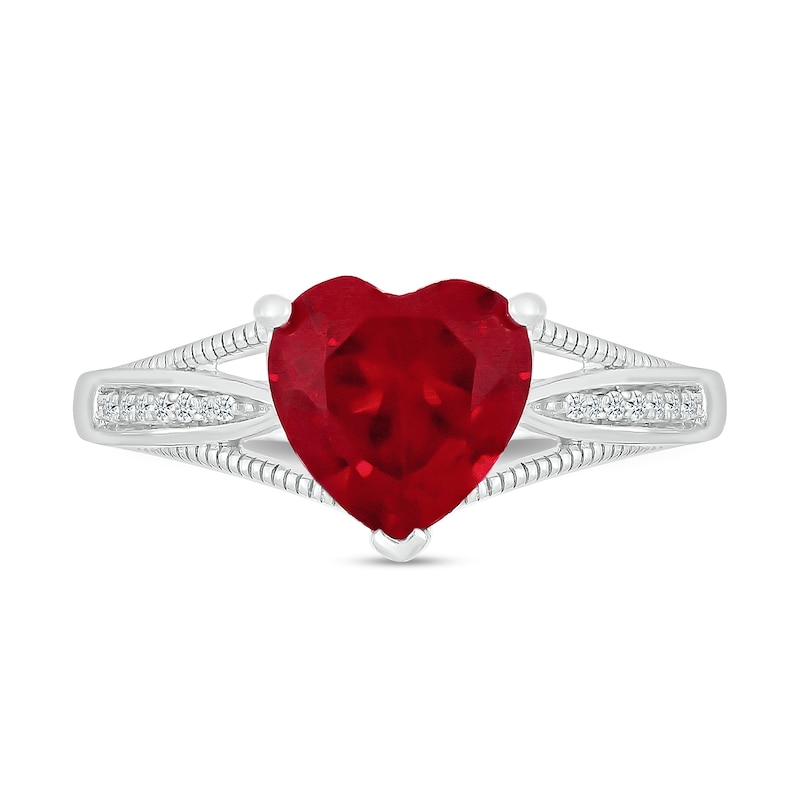 8.0mm Heart-Shaped Lab-Created Ruby and 0.04 CT. T.W. Diamond Tapered Split Shank Ring in 10K White Gold