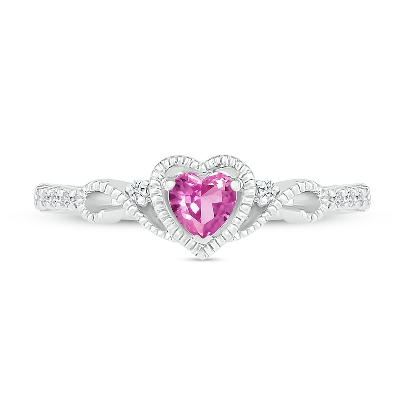 Main Image 2 of 4.0mm Heart-Shaped Pink and White Lab-Created Sapphire Frame with Scroll Accent Vintage-Style Ring in 10K White Gold