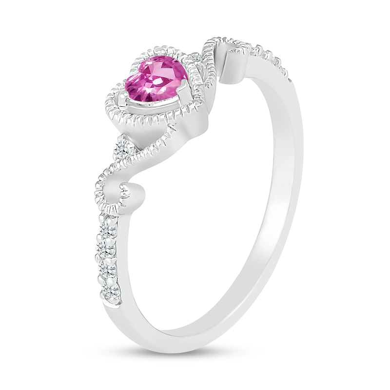 Main Image 3 of 4.0mm Heart-Shaped Pink and White Lab-Created Sapphire Frame with Scroll Accent Vintage-Style Ring in 10K White Gold