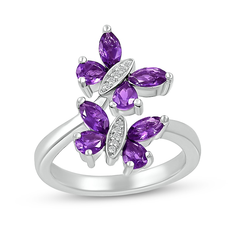Marquise and Pear-Shaped Amethyst with Diamond Accent Double Butterfly Bypass Wrap Ring in Sterling Silver