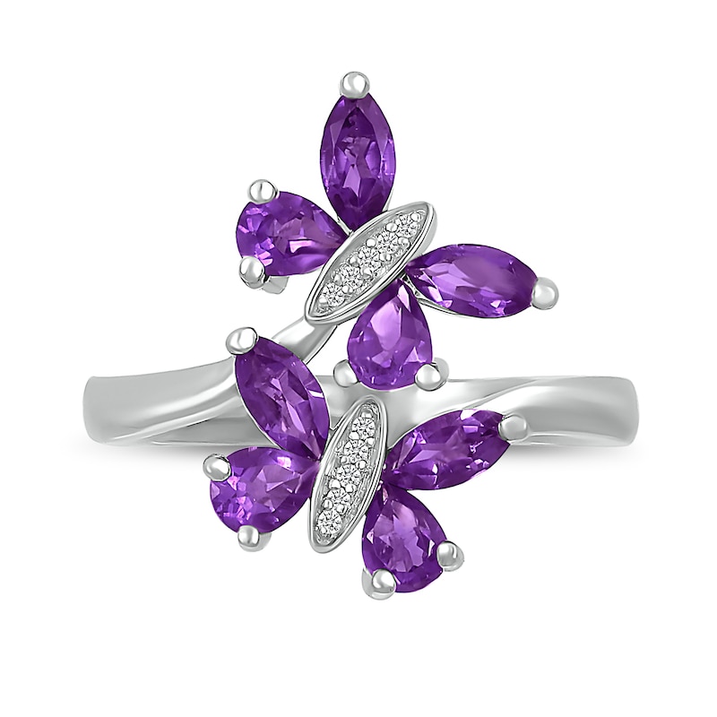 Marquise and Pear-Shaped Amethyst with Diamond Accent Double Butterfly Toi et Moi Bypass Wrap Ring in Sterling Silver