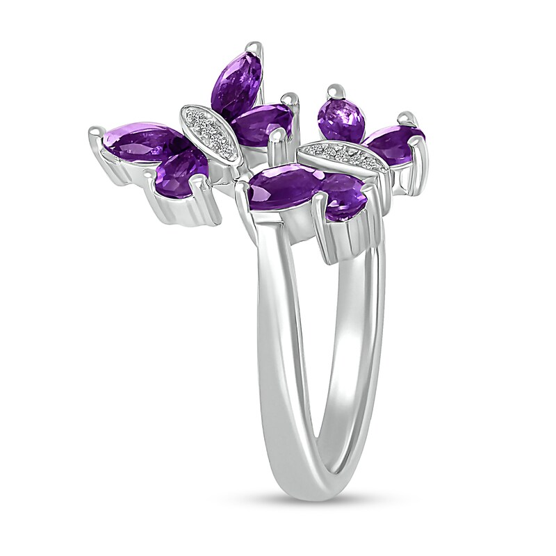 Marquise and Pear-Shaped Amethyst with Diamond Accent Double Butterfly Bypass Wrap Ring in Sterling Silver