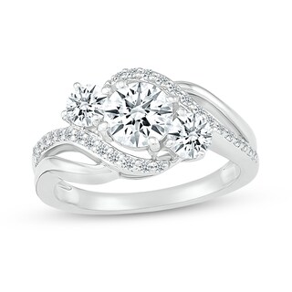 White Lab-Created Sapphire Three Stone Slant Bypass Rolling Wave Ring in 10K White Gold