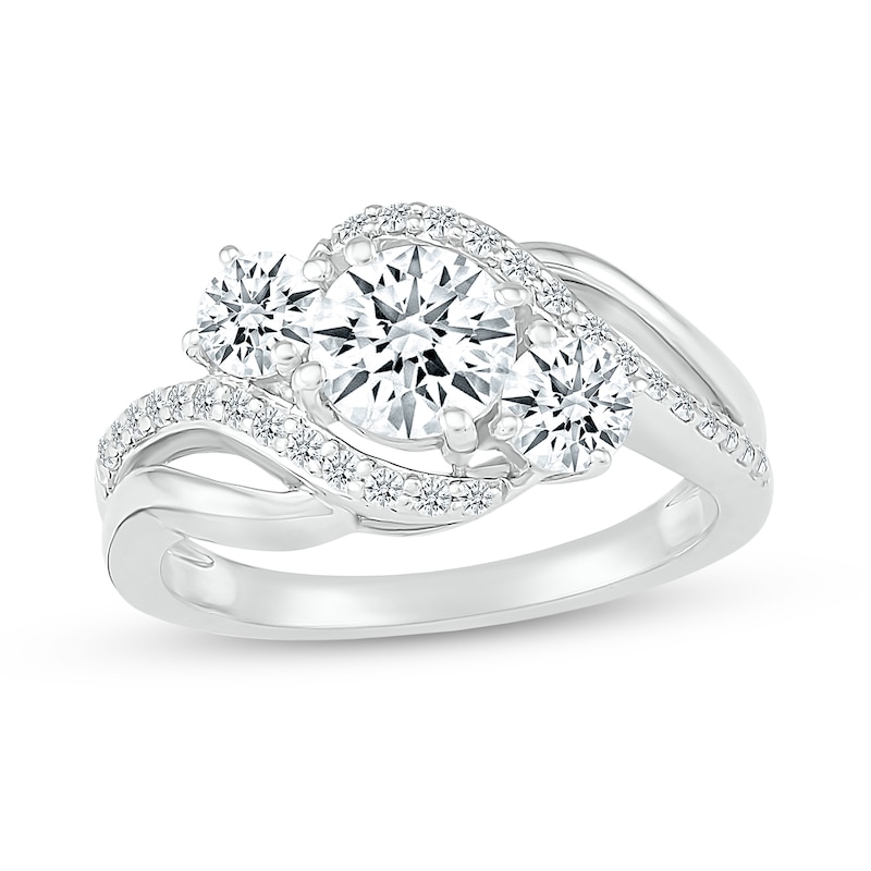 White Lab-Created Sapphire Three Stone Slant Bypass Rolling Wave Ring in 10K White Gold