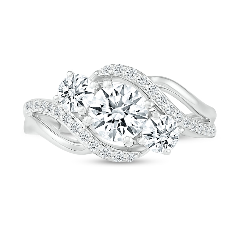White Lab-Created Sapphire Three Stone Slant Bypass Rolling Wave Ring in 10K White Gold