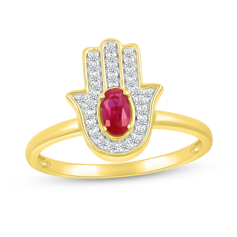 Oval Lab-Created Ruby and White Lab-Created Sapphire Hamsa Ring in 10K Gold