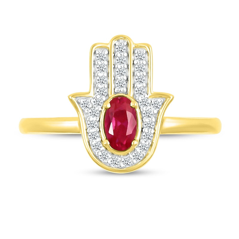 Oval Lab-Created Ruby and White Lab-Created Sapphire Hamsa Ring in 10K Gold