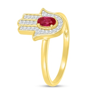 Oval Lab-Created Ruby and White Lab-Created Sapphire Hamsa Ring in 10K Gold