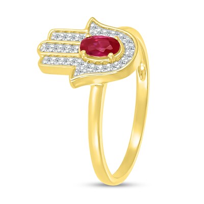 Oval Lab-Created Ruby and White Lab-Created Sapphire Hamsa Ring in 10K Gold