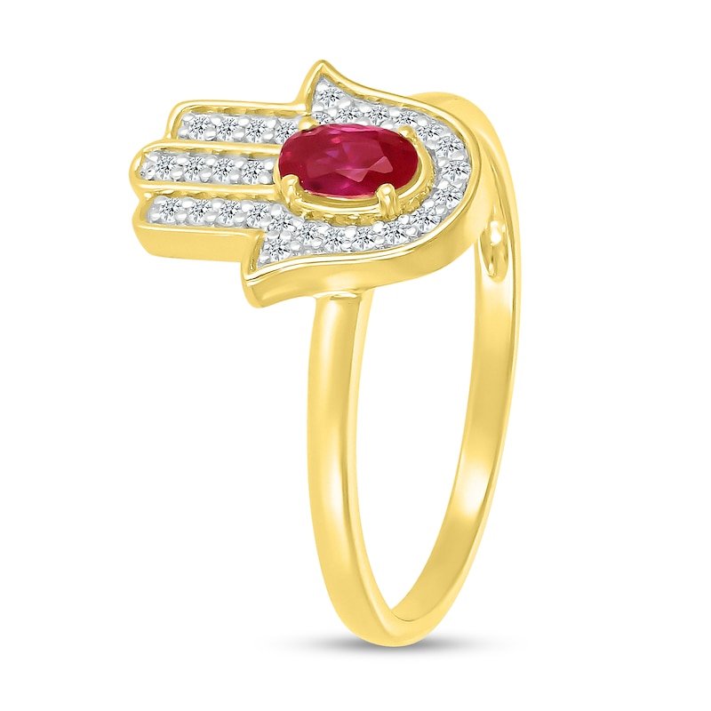 Oval Lab-Created Ruby and White Lab-Created Sapphire Hamsa Ring in 10K Gold